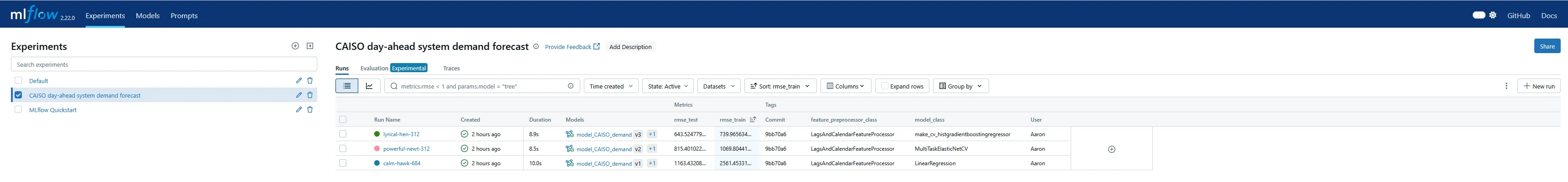 MLflow UI Runs tabular view